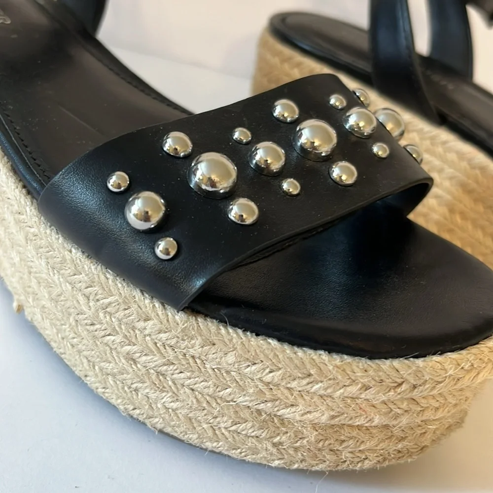 Marc Fisher Black Leather Ankle Strap Studded Wedge Sandals Sz‎ 7